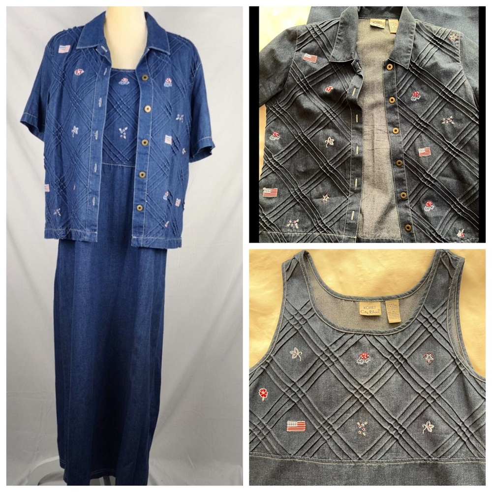 Koret City Blues Set Top Dress Womens Denim Embroidered Pintucks Patriotic.